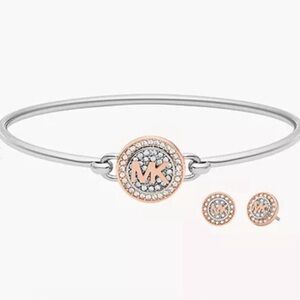 MICHAEL KORS Pave Bangle Bracelet & Earring Set Rose Gold Silver MKJ8251SET
